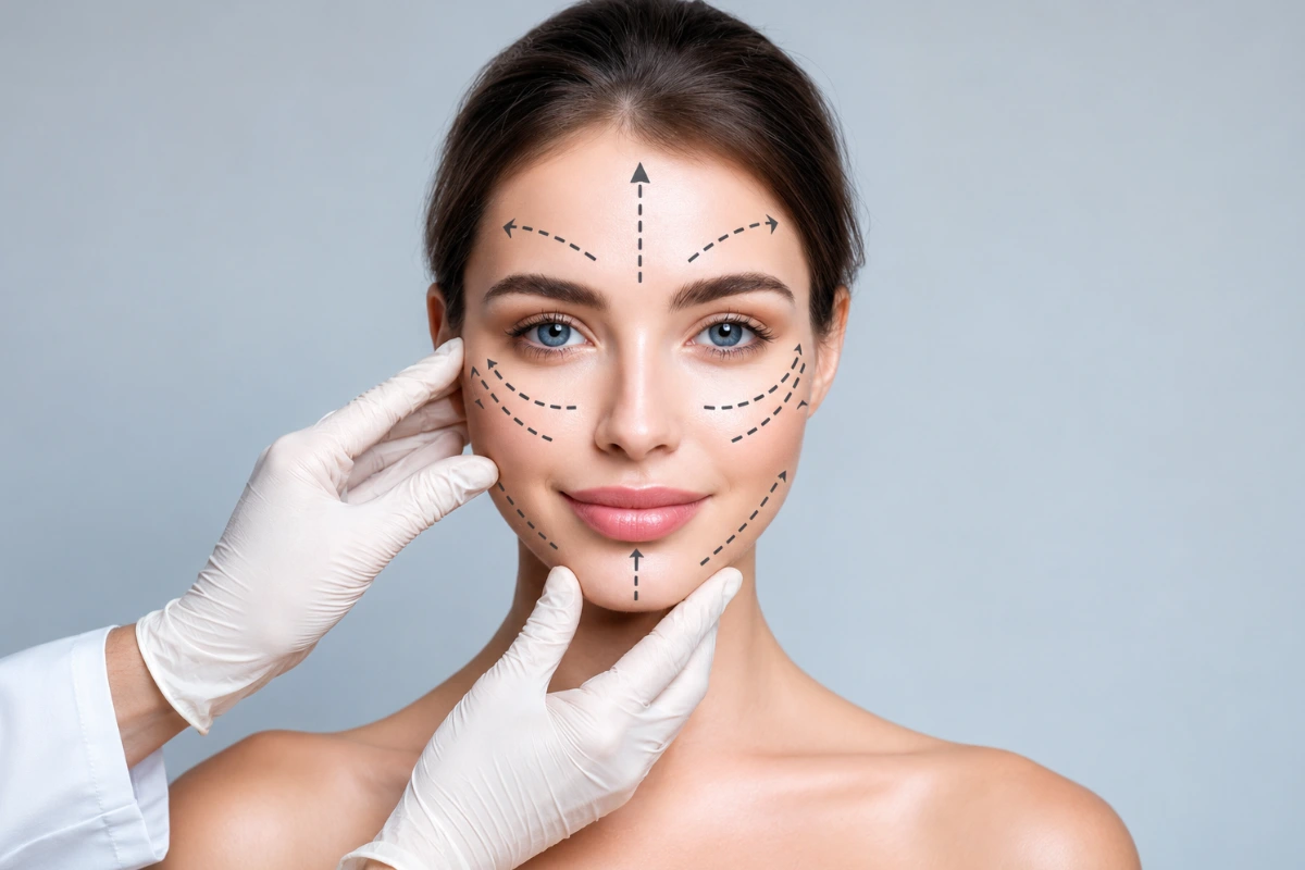 A young woman with comprehensive surgical planning arrows drawn across her forehead, cheeks, and chin, demonstrating an assessment for overall facial harmony and balance.