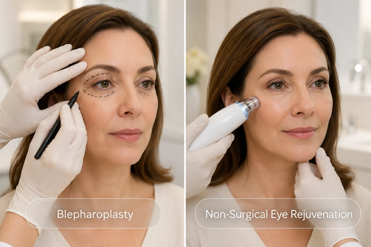 Side-by-side illustration of blepharoplasty surgery and non-surgical eye rejuvenation treatment for eyelid ageing concerns.