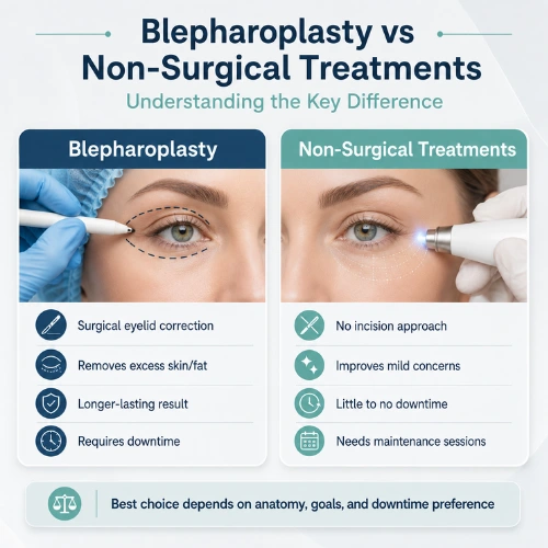 Comparison of blepharoplasty and non-surgical eye treatments showing differences in results, recovery, and treatment approach.