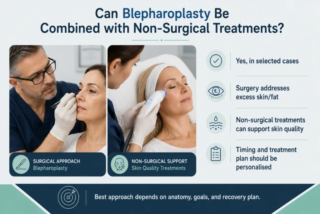 Plastic surgeon explaining how blepharoplasty can be combined with non-surgical treatments for personalised eye rejuvenation