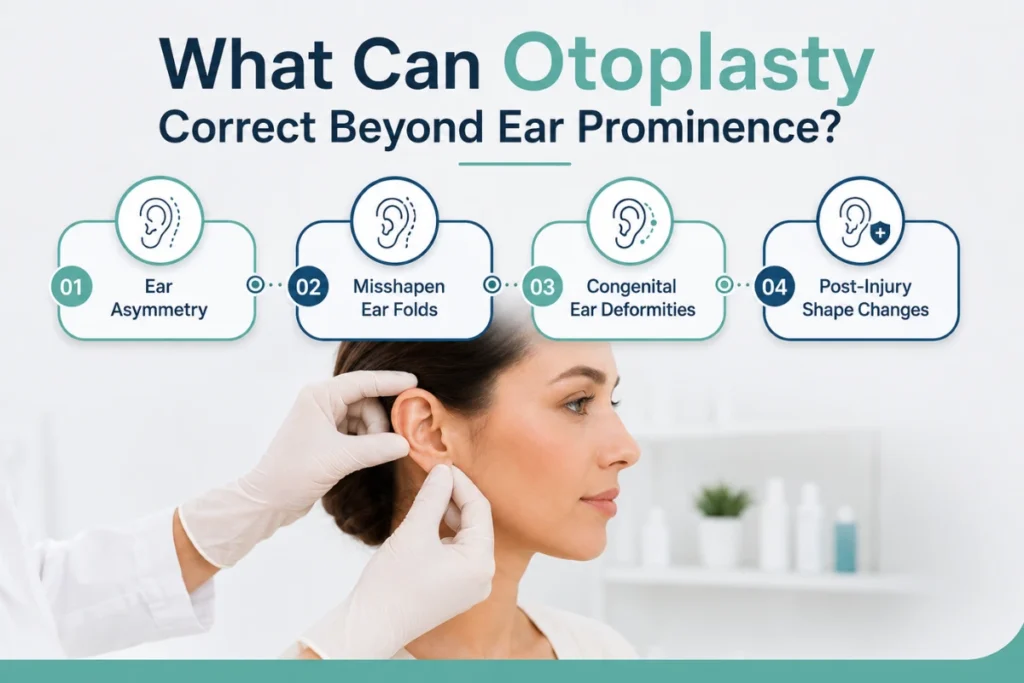 Pinnaplasty vs Otoplasty: Understanding Your Ear Correction Options 2 Illustration showing ear conditions treated with otoplasty, including ear asymmetry, misshapen ear folds, congenital ear deformities, and post-injury shape changes.