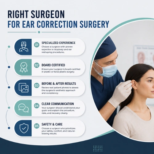 Pinnaplasty vs Otoplasty: Understanding Your Ear Correction Options 3 Plastic surgeon consulting a patient before otoplasty surgery, highlighting how to choose the right surgeon for ear correction in Dubai