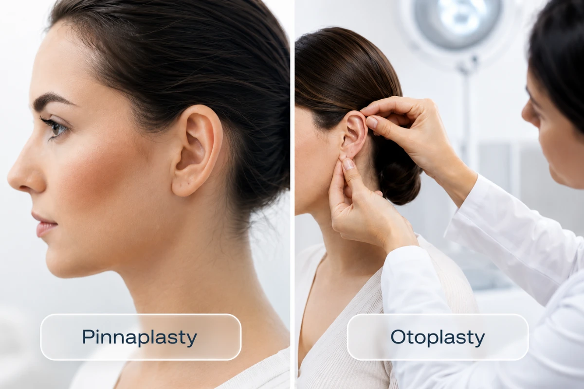A side-by-side comparative graphic featuring a profile view of a woman's ear labeled "Pinnaplasty" on the left, and a clinical exam of an outer ear labeled "Otoplasty" on the right.