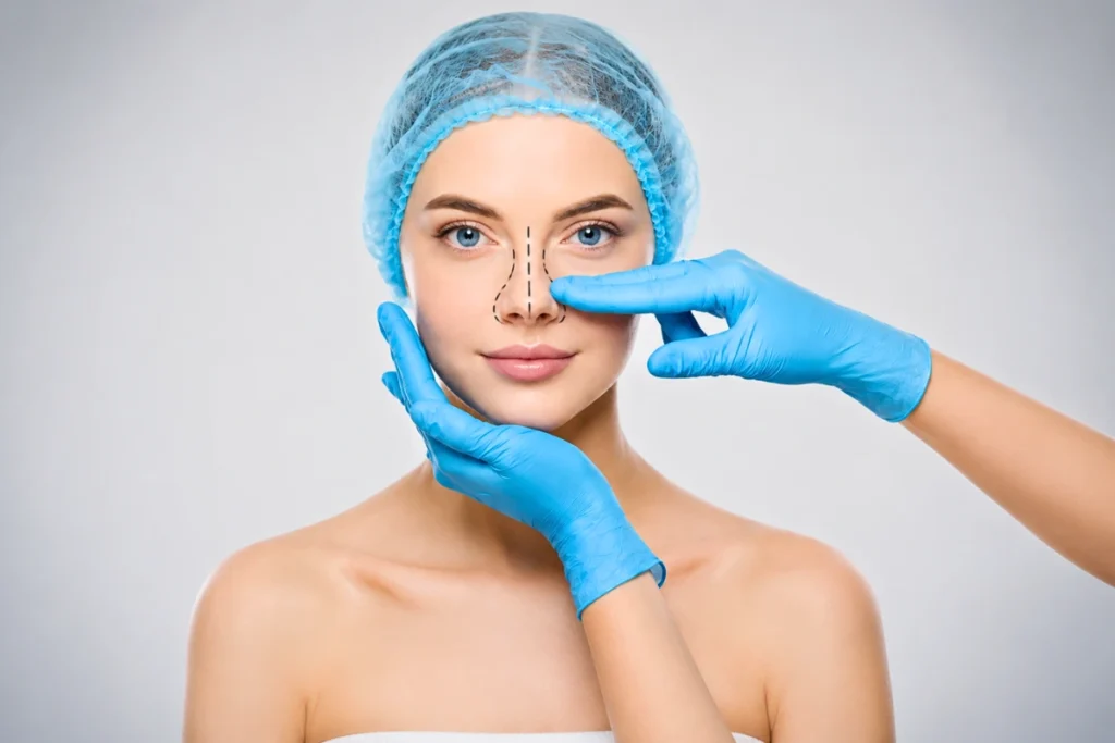 Face Surgery in Dubai: 7 Popular Procedures That Can Enhance Facial Balance 1 Front view of a woman wearing a blue surgical cap with dotted guidelines marked on her nose, as a surgeon in blue gloves prepares for a rhinoplasty procedure.