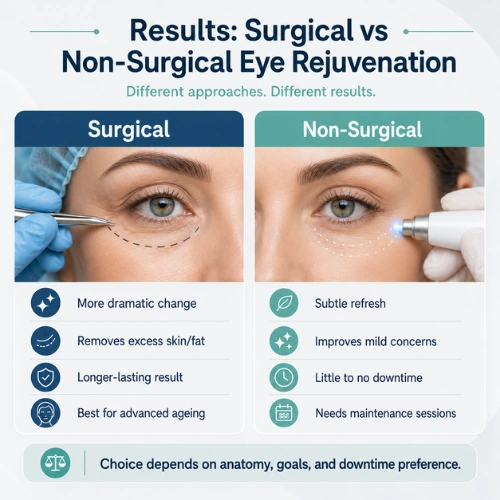 Comparison of surgical blepharoplasty and non-surgical eye rejuvenation results for treating ageing around the eyes.