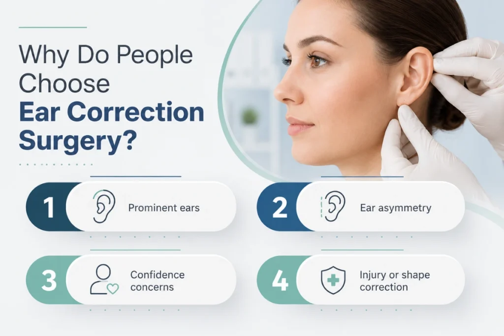 Pinnaplasty vs Otoplasty: Understanding Your Ear Correction Options 1 n illustrative graphic titled "Why Do People Choose Ear Correction Surgery?" highlighting four main reasons Prominent ears, Ear asymmetry, Confidence concerns, and Injury or shape correction next to a close-up of a patient undergoing an ear consultation.