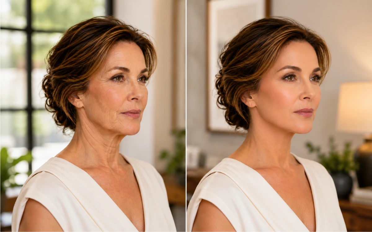 Facelift before and after showing a more defined facial contour