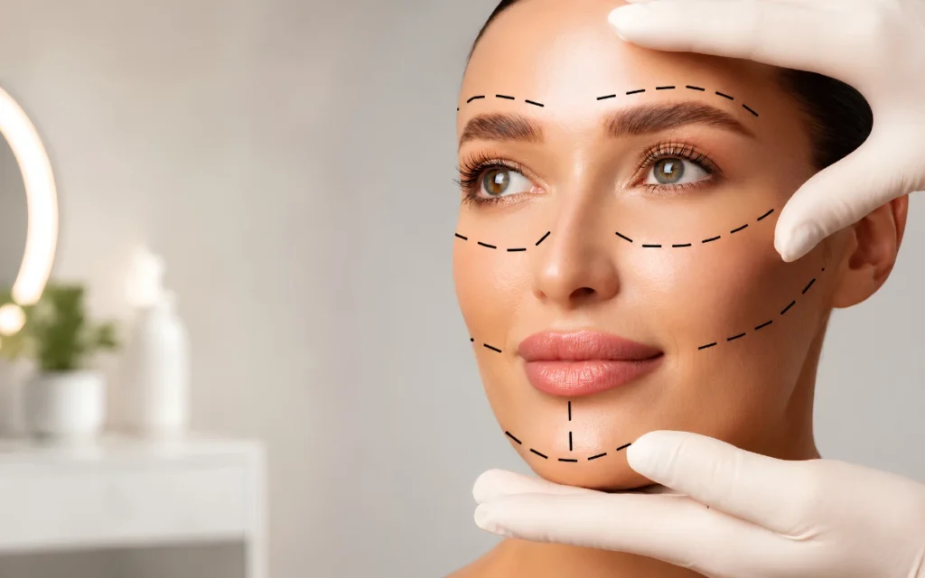 Deep Plane Facelift vs Traditional Facelift: What’s the Difference? 1 Facial markings showing areas assessed during facelift treatment planning