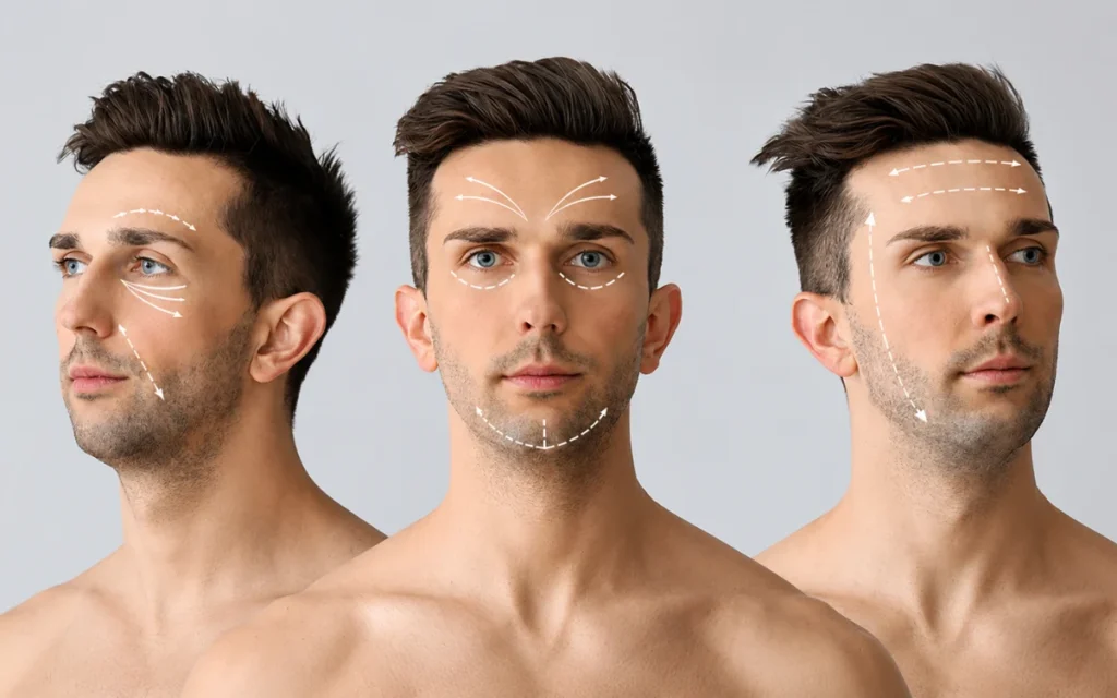 Top Facial Plastic Surgery Trends in Dubai for 2026 3 Facial analysis showing treatment planning areas for male facial plastic surgery