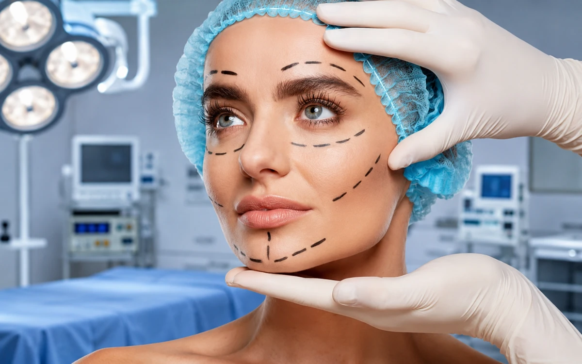 Facial plastic surgery consultation with treatment markings on the face