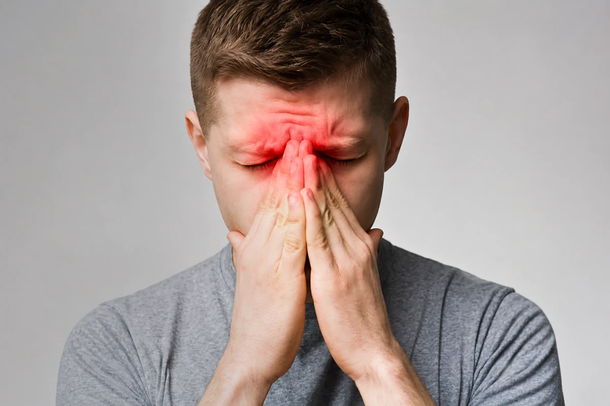 A man clutching the bridge of his nose and forehead with eyes closed, highlighted in red to indicate severe sinus pressure and facial pain.