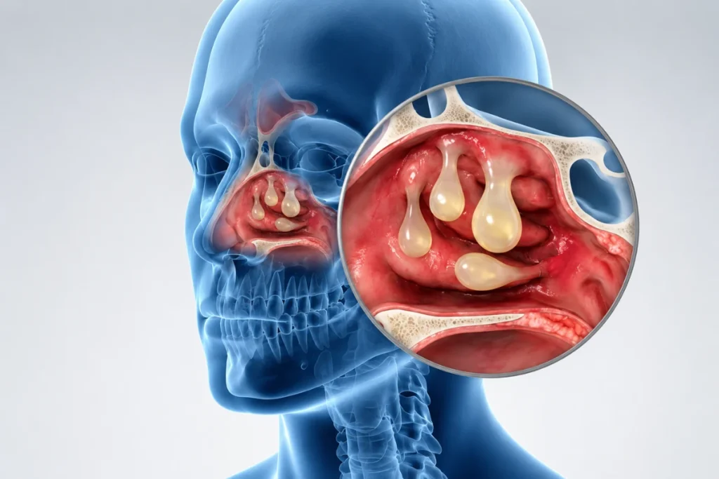 A 3D medical illustration of a human skull showing an enlarged inset view of tear-shaped nasal polyps blocking the sinus cavities.