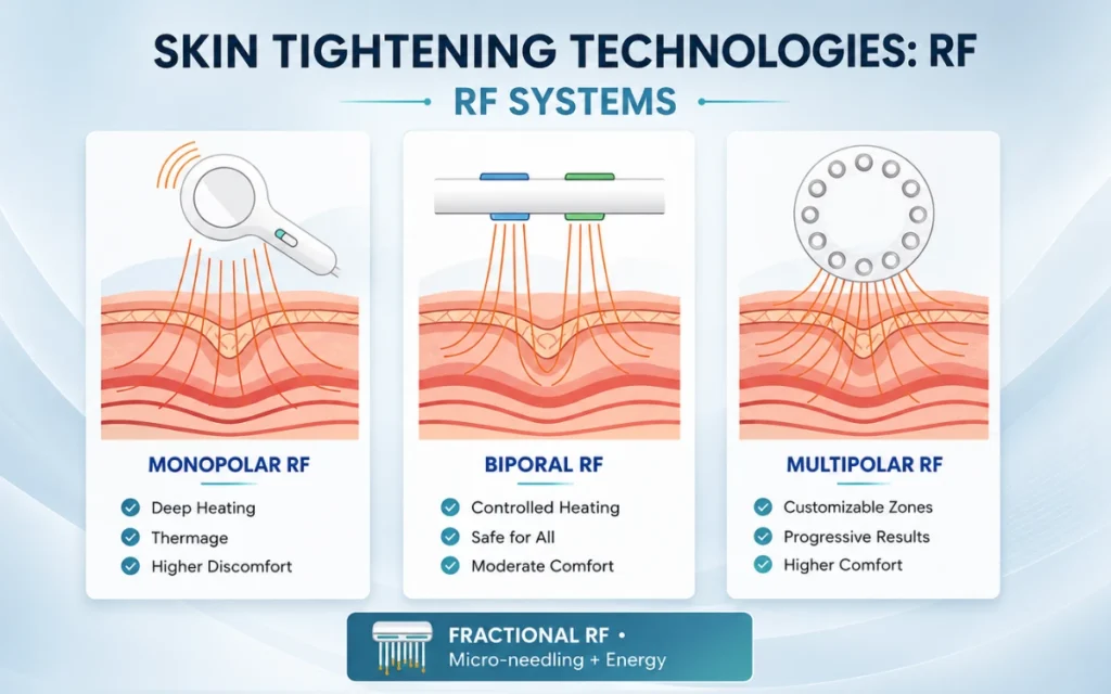 RF skin tightening technologies showing monopolar, bipolar, multipolar, and fractional RF systems