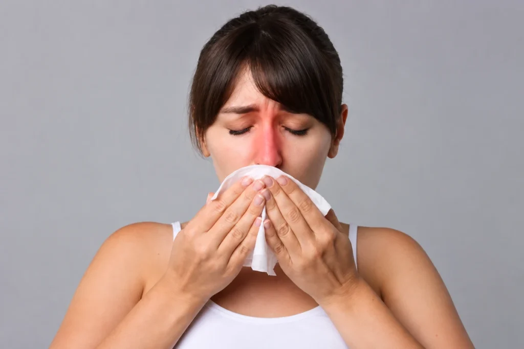 A woman blowing her nose into a tissue with a red, highlighted nose representing sinus congestion and inflammation.