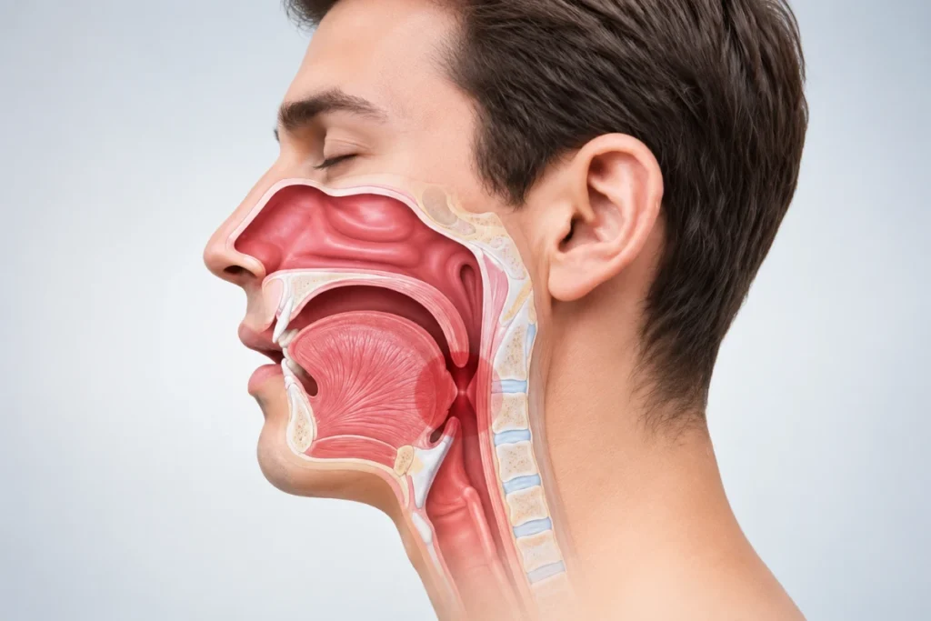 Medical cross-section illustration showing the human nasal passage, oral cavity, and throat area where airway obstruction occurs during snoring and sleep apnea.