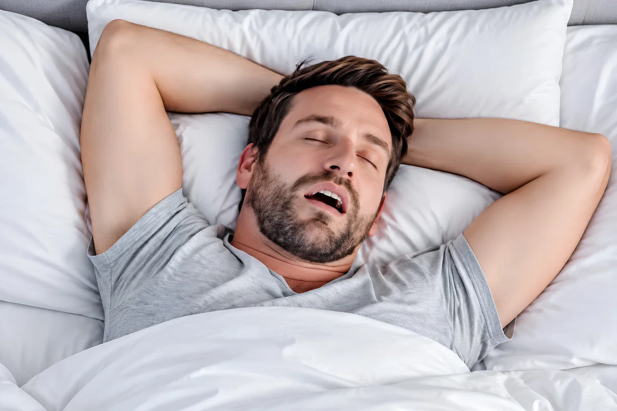 A man sleeping on his back with his hands behind his head and mouth open, demonstrating a position that often worsens snoring and obstructive sleep apnea.