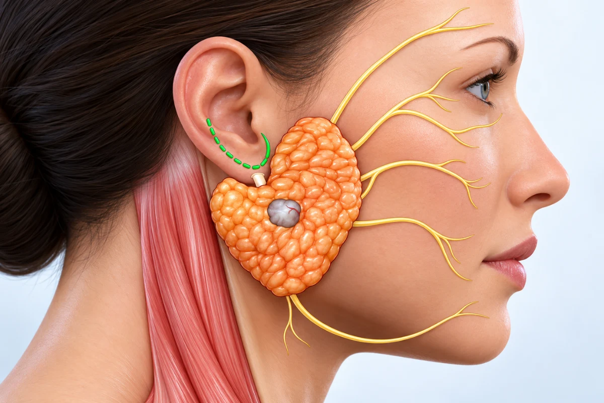 Anatomical 3D illustration showing a parotid gland tumour growth located near the facial nerve branches and surgical incision mark