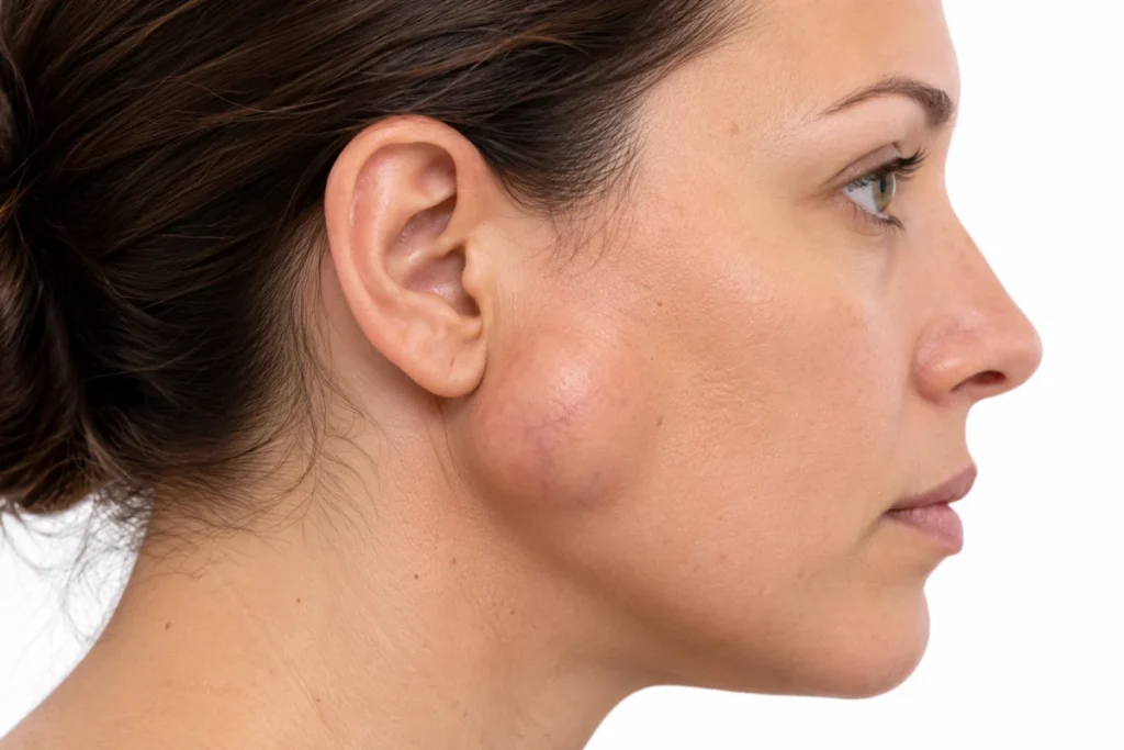 Profile view of a woman showing a visible swelling and lump in front of and below the ear along the jawline.